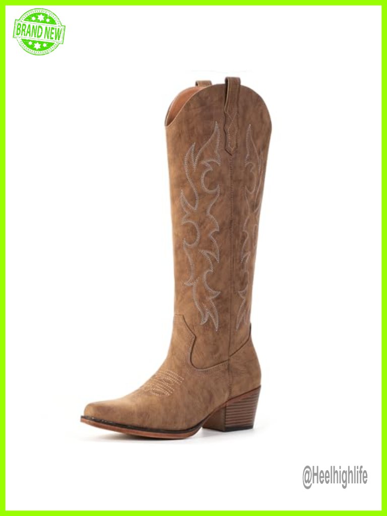 Vintage Knee High Cowgirl Boots Pointed Toe Chunky Heel Embroidered Western